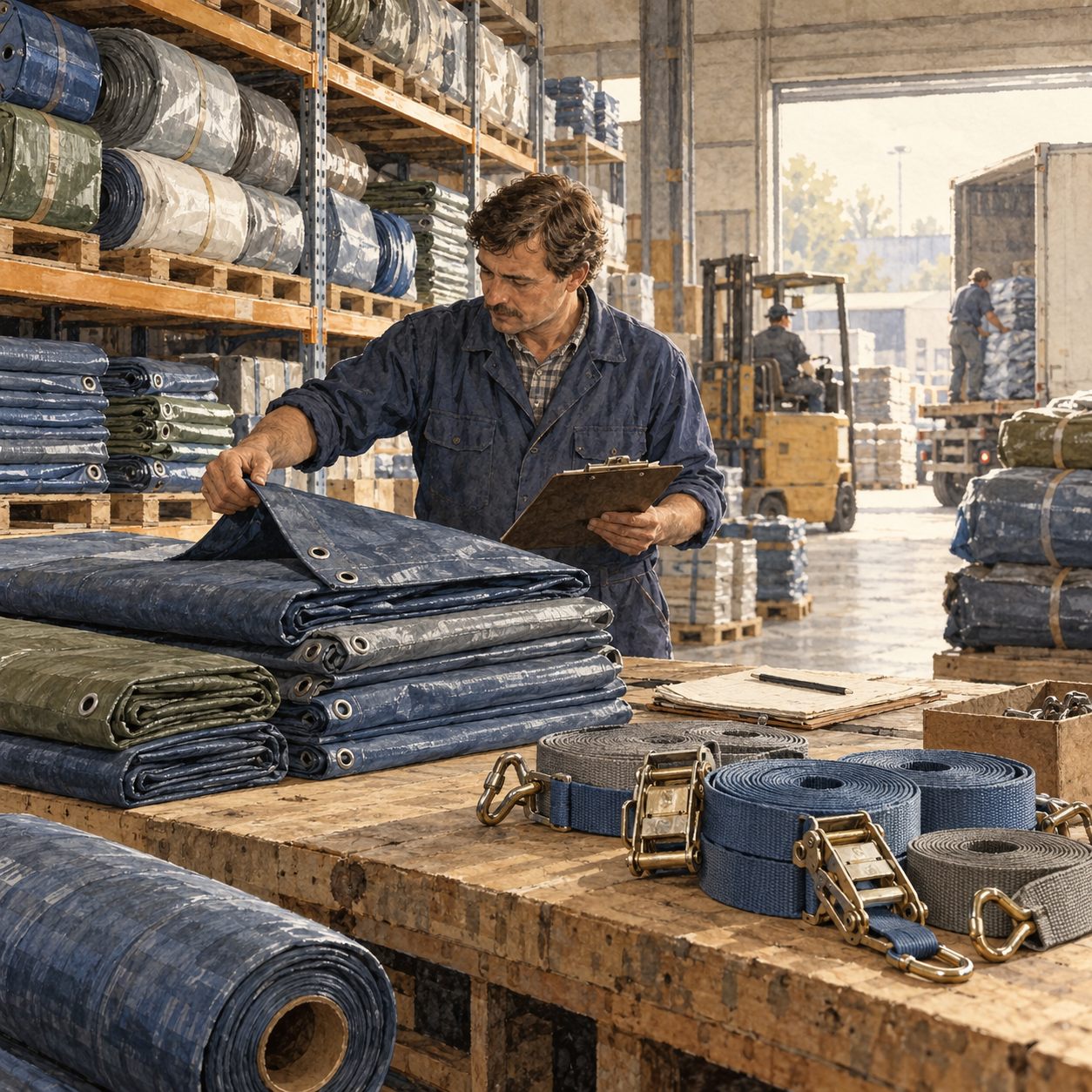 Magazijnmedewerker controleert dekkleden en spanbanden in het magazijn
